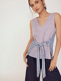 The Label Life Horizontal Striped V-Neck Sleeveless Tie-Ups Detail Cotton A-Line Top