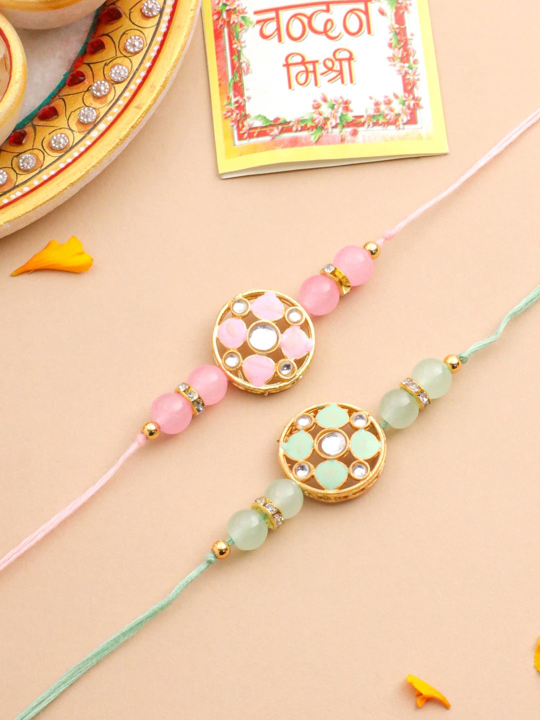 NVR Unisex Set of 2 Artificial Stones & Beads Thread Rakhi with Roli Chawal Chandan Mishri