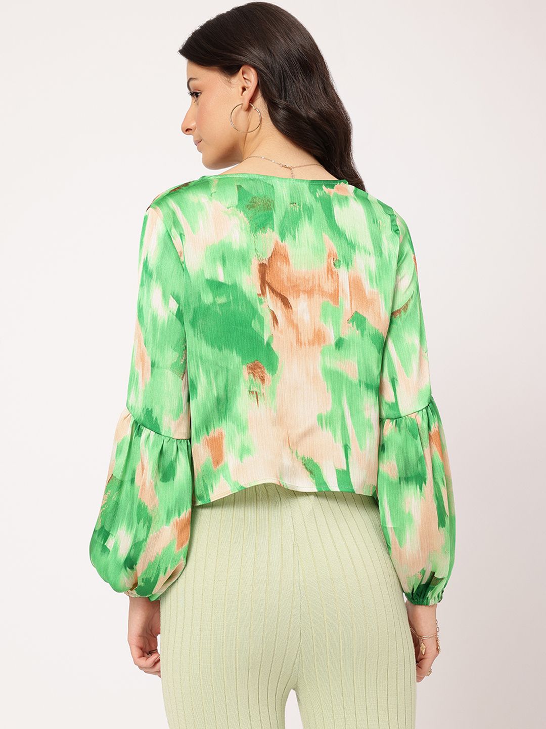 DressBerry Modern Muse Printed Lace-Up Flap Pocketed Satin Top
