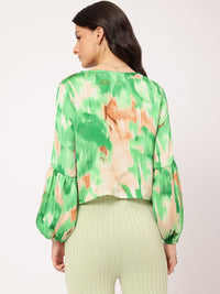 DressBerry Modern Muse Printed Lace-Up Flap Pocketed Satin Top