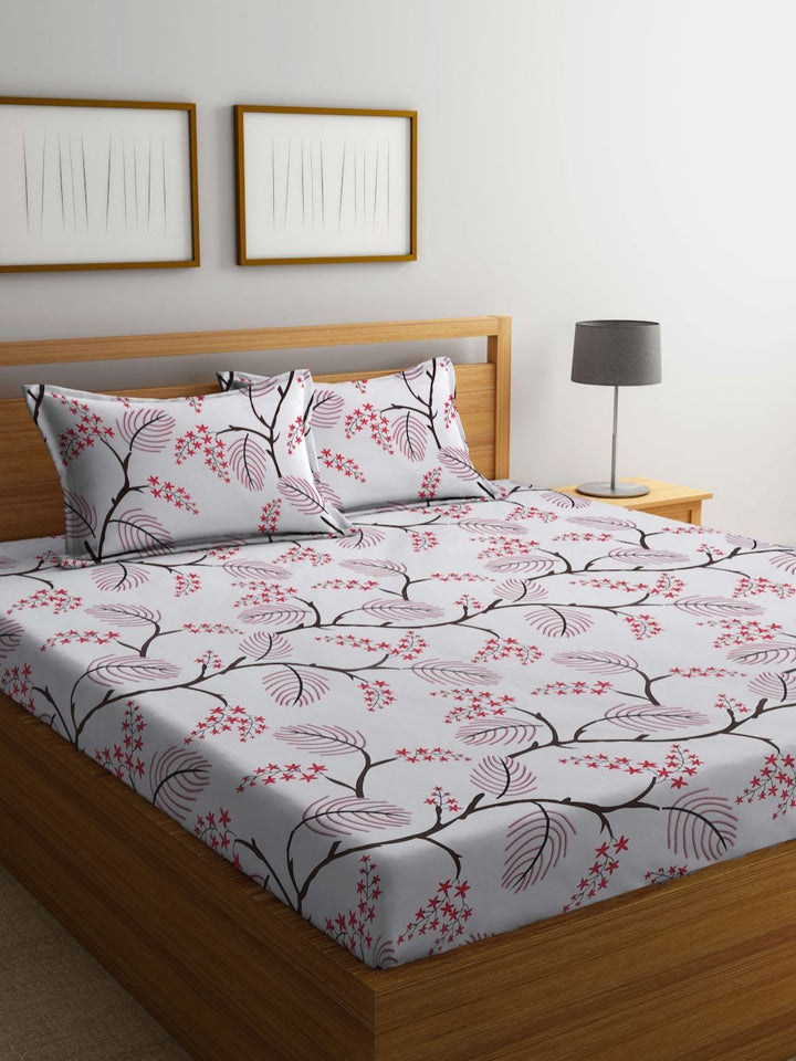 Myntra Elegant Homes Grey & Pink Floral Printed Dilengkapi 300 TC King Cadar dengan 2 Sarung Bantal