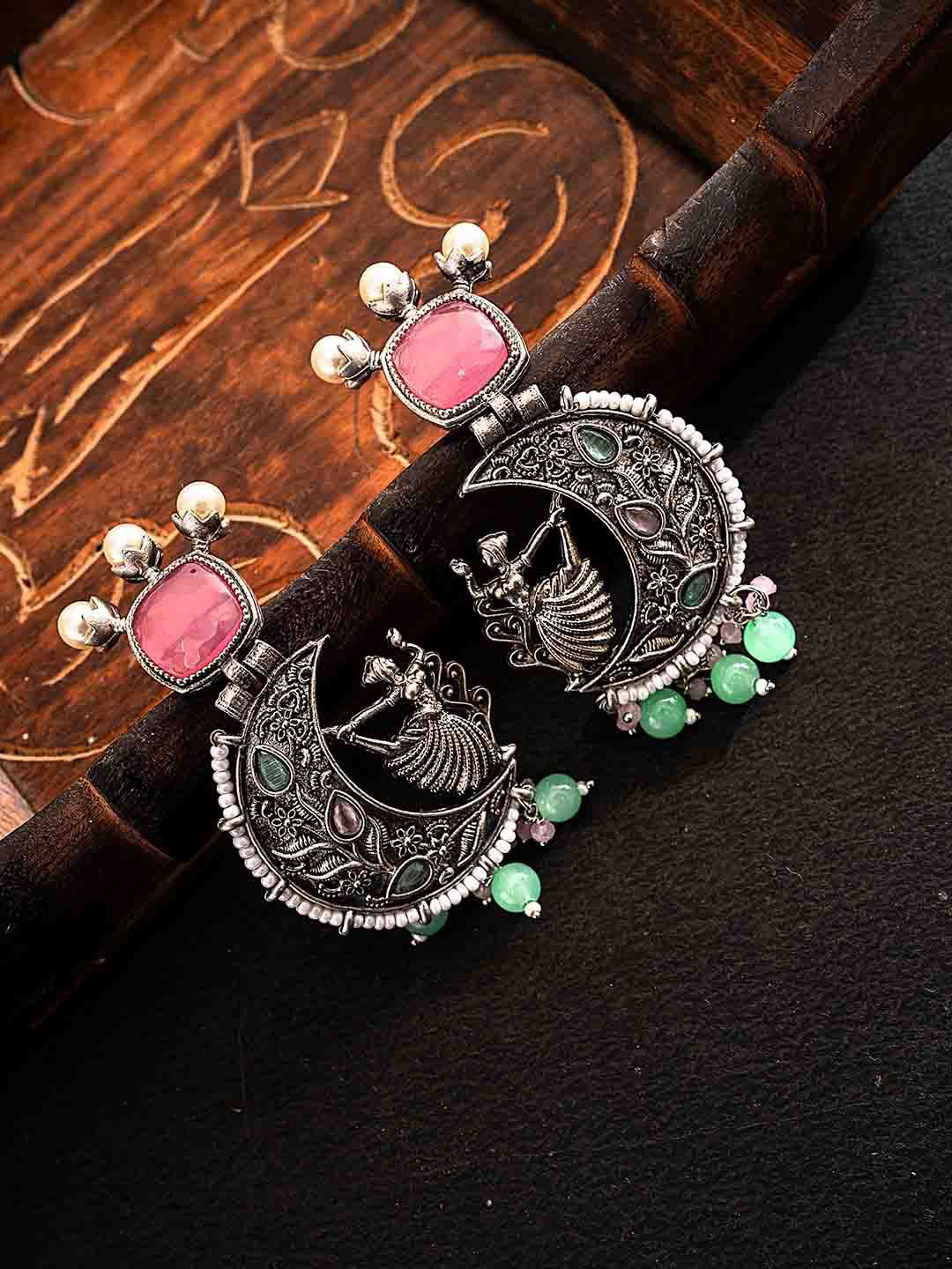 PANASH Silver-Plated Stones Studded And Beaded Contemporary Shaped Oxidized Drop Earrings