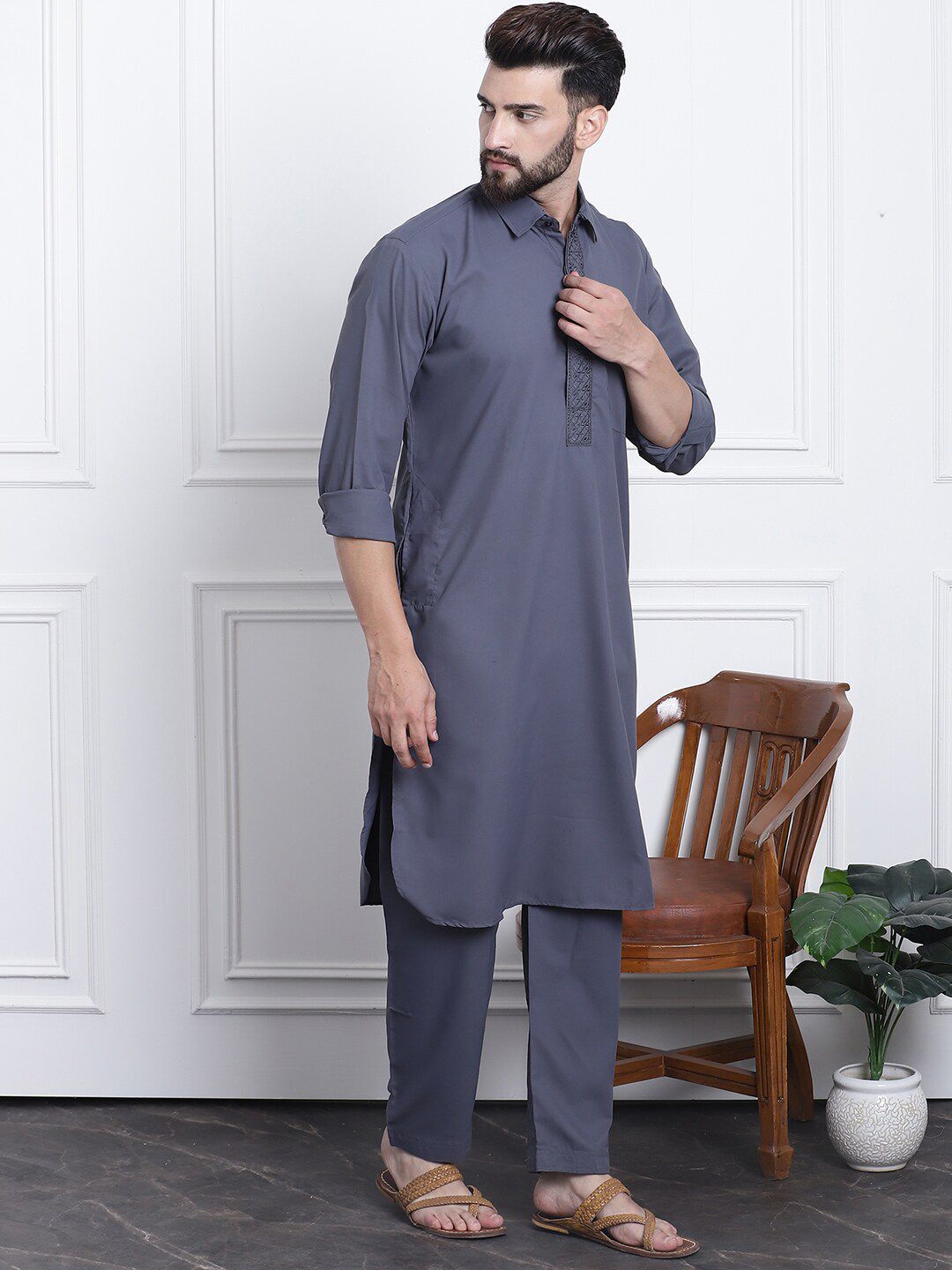 SOJANYA Shirt Collar Thread Work Pathani Pure Cotton Kurta with Salwar