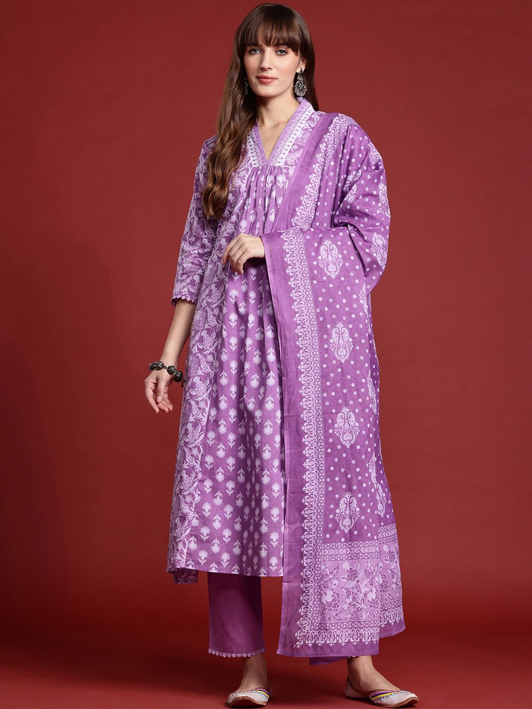 Indo Era Floral Printed Pleated Pure Cotton Kurta With Trousers & Dupatta