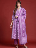 Indo Era Floral Printed Pleated Pure Cotton Kurta With Trousers & Dupatta