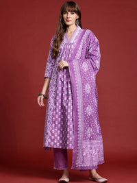 Indo Era Floral Printed Pleated Pure Cotton Kurta With Trousers & Dupatta