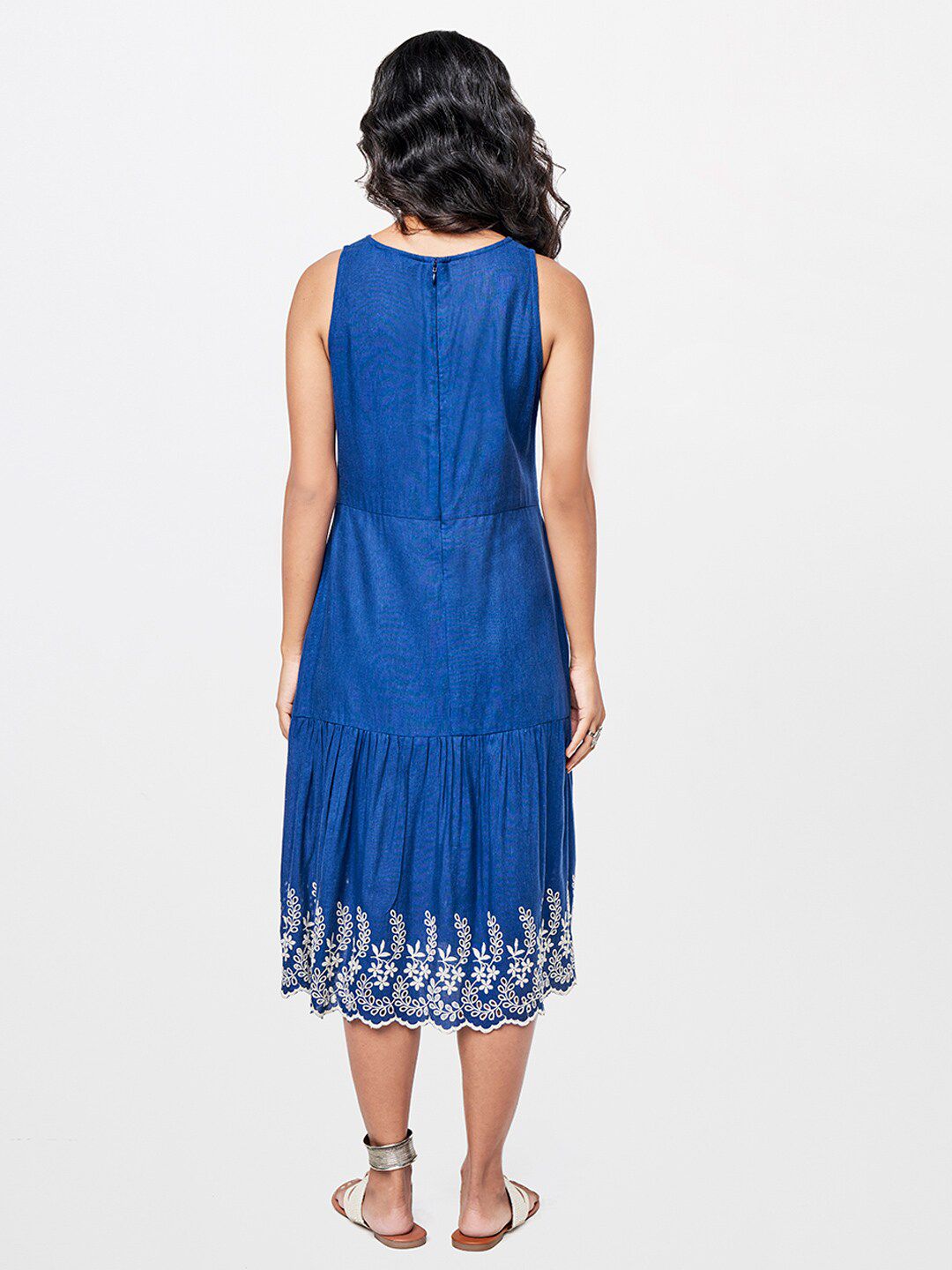 Global Desi Embroidered Round Neck A-Line Midi Dress