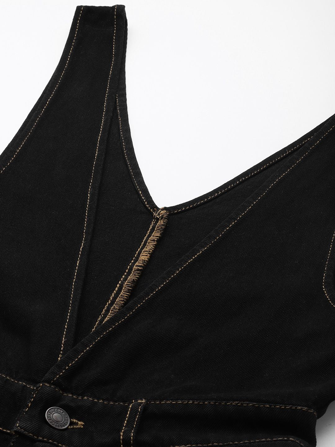 SASSAFRAS Black Deep V-Neck Cotton Denim Flared Leg Jumpsuit