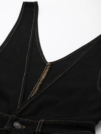 SASSAFRAS Black Deep V-Neck Cotton Denim Flared Leg Jumpsuit