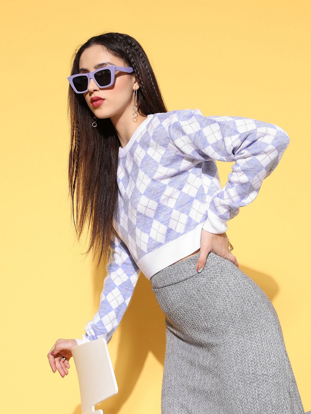 Berrylush Women White Argyle Knits Bits Sweater