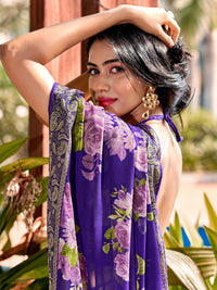 Saree mall Violet Floral Printed Poly Georgette Saree
