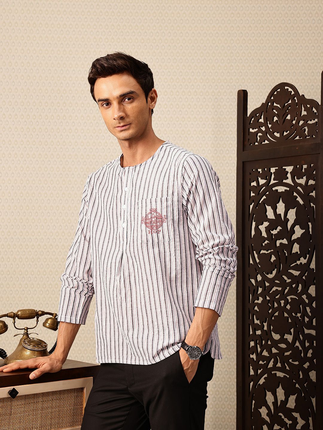 House of Pataudi Striped Thread Work Detail Rozana Kurta