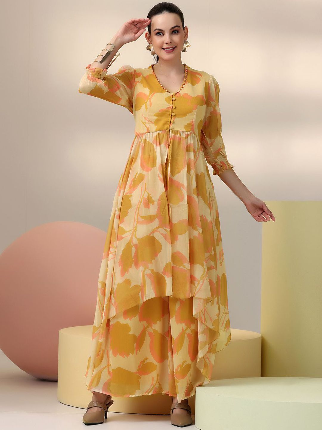 Libas Beige Floral Printed V-Neck Tunic with Palazzo