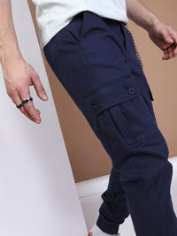 The Indian Garage Co Men Navy Blue Solid Slim Fit Cargo Joggers