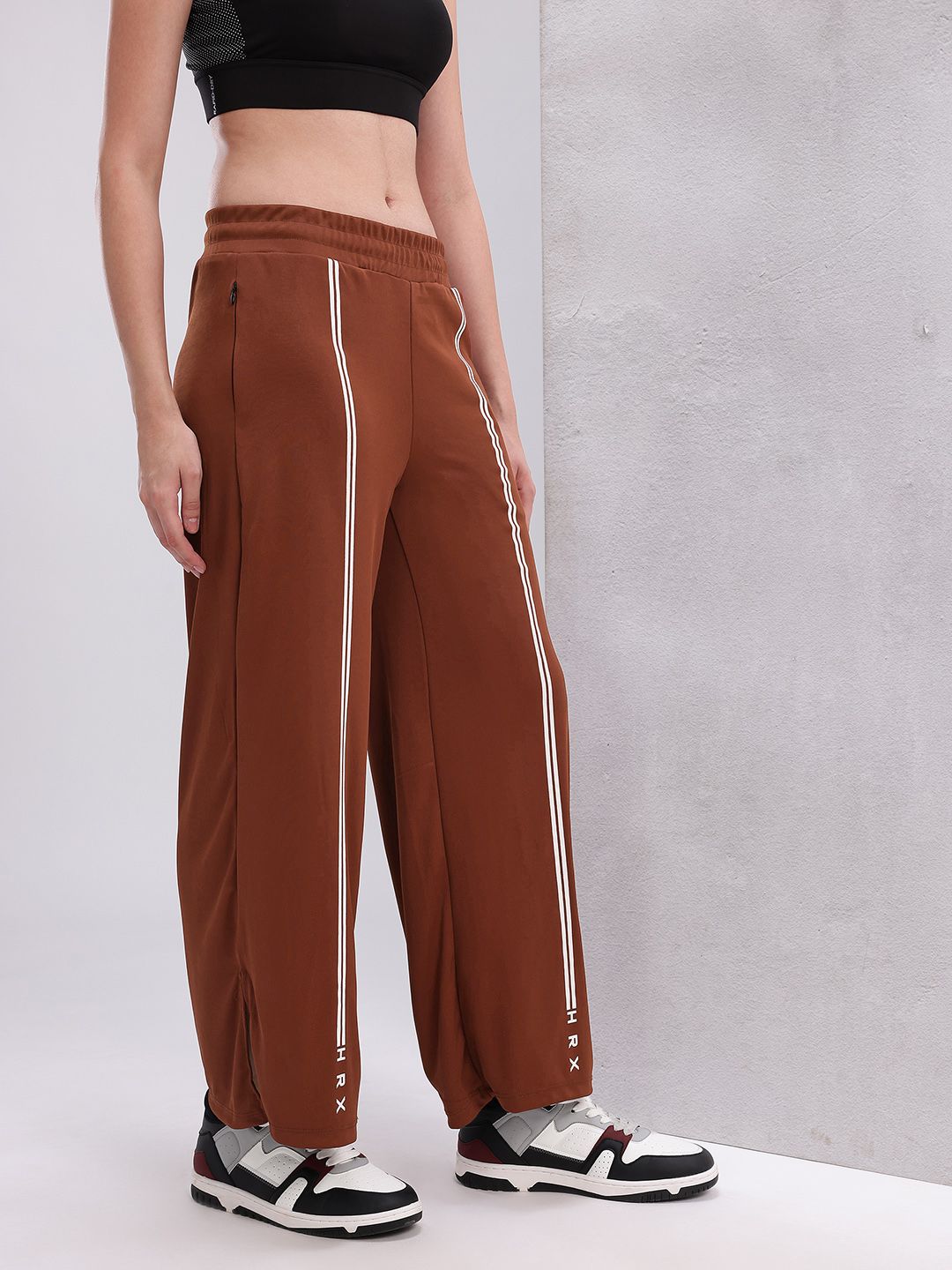 HRX by Hrithik Roshan Women Striped Mid-Rise Wide Leg Training Track pants with Side Slits