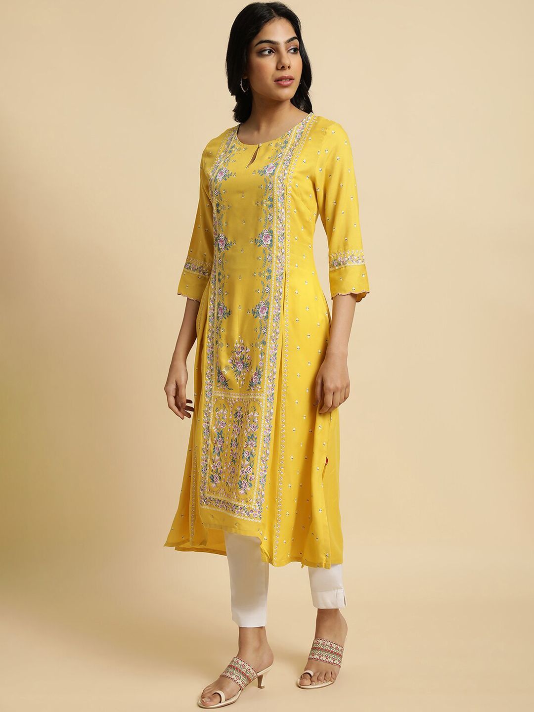 W Yellow & Pink Floral Printed Keyhole Neck A-Line Kurta