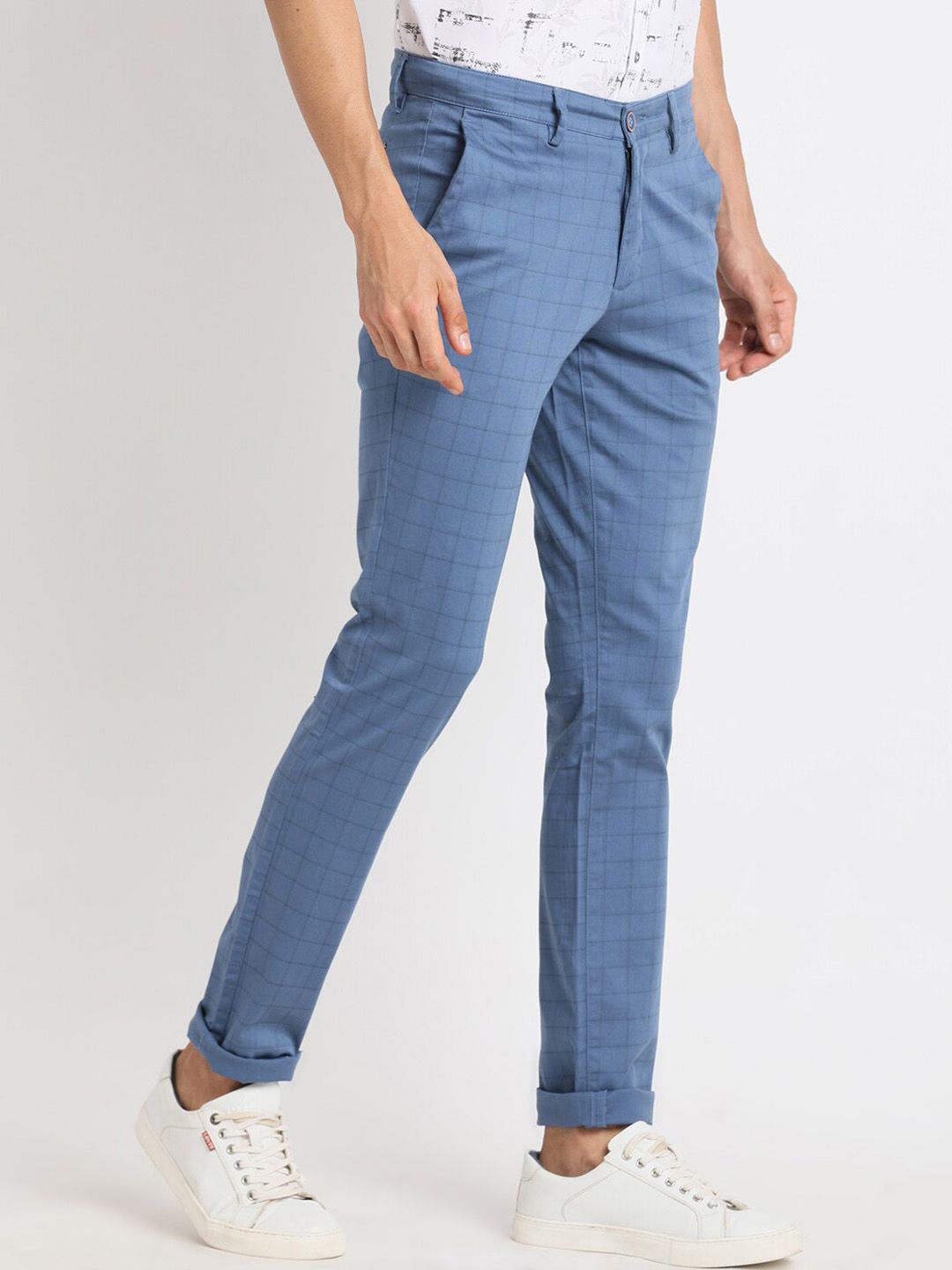 Turtle Men Smart Tapered Fit Checked Chinos Trousers