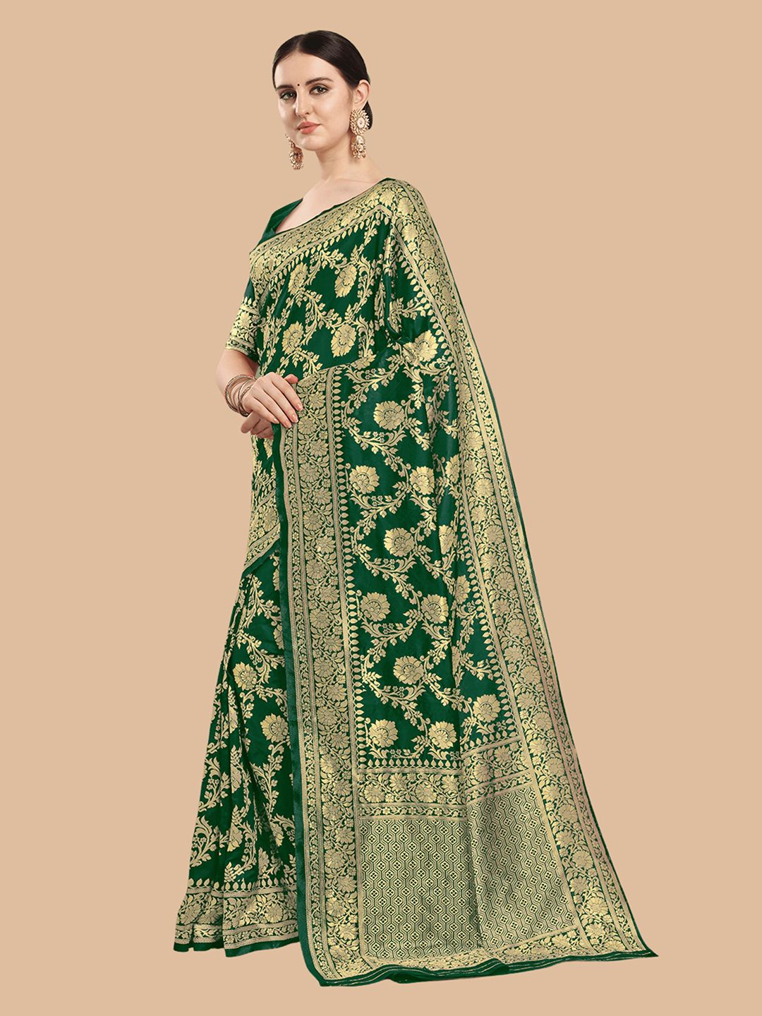 KALINI Green & Gold-Toned Woven Design Silk Blend Banarasi Saree