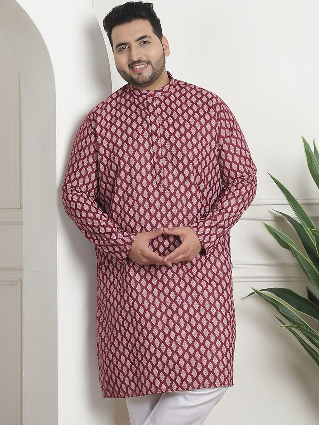 SOJANYA PLUS Saiz PLus Motif Etnik Bercetak Kolar Jalur Lengan Panjang Kurta Lurus