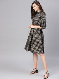 SASSAFRAS Black & Beige Ikat Print Cotton Shirt Dress