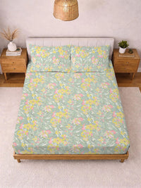 KLOTTHE Green & Pink Floral 300 TC Cadar King dengan 2 Sarung Bantal