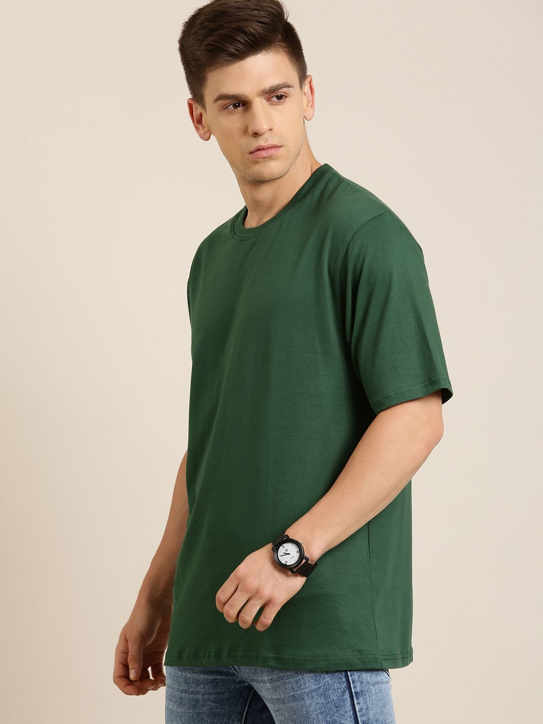 Difference of Opinion Men Green Solid Cotton Drop-Shoulder Oversized Fit T-shirt