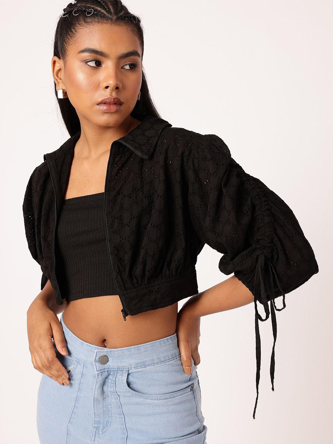 DressBerry Edgy Chic With Schiffli Puff Sleeve Shirt Style Crop Top