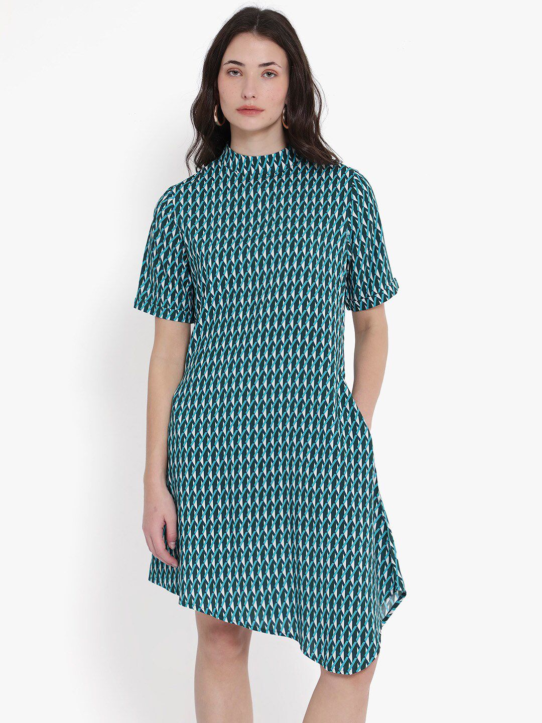 Rareism High Neck Printed Cotton A-Line Dress
