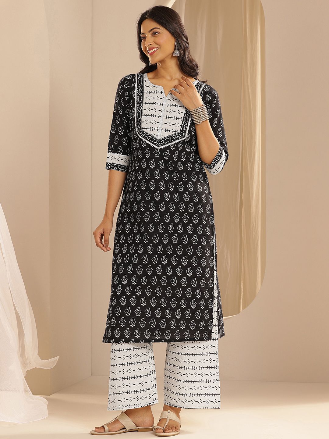 Libas Ethnic Motifs Printed Regular Gotta Patti Pure Cotton Kurta with Palazzos & Dupatta