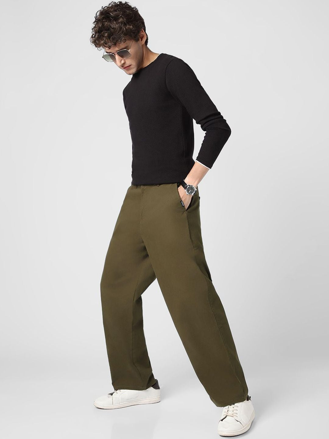 Urbano Fashion Men's Dark Loose Baggy Fit Non-Stretchable Solid Chino Trousers