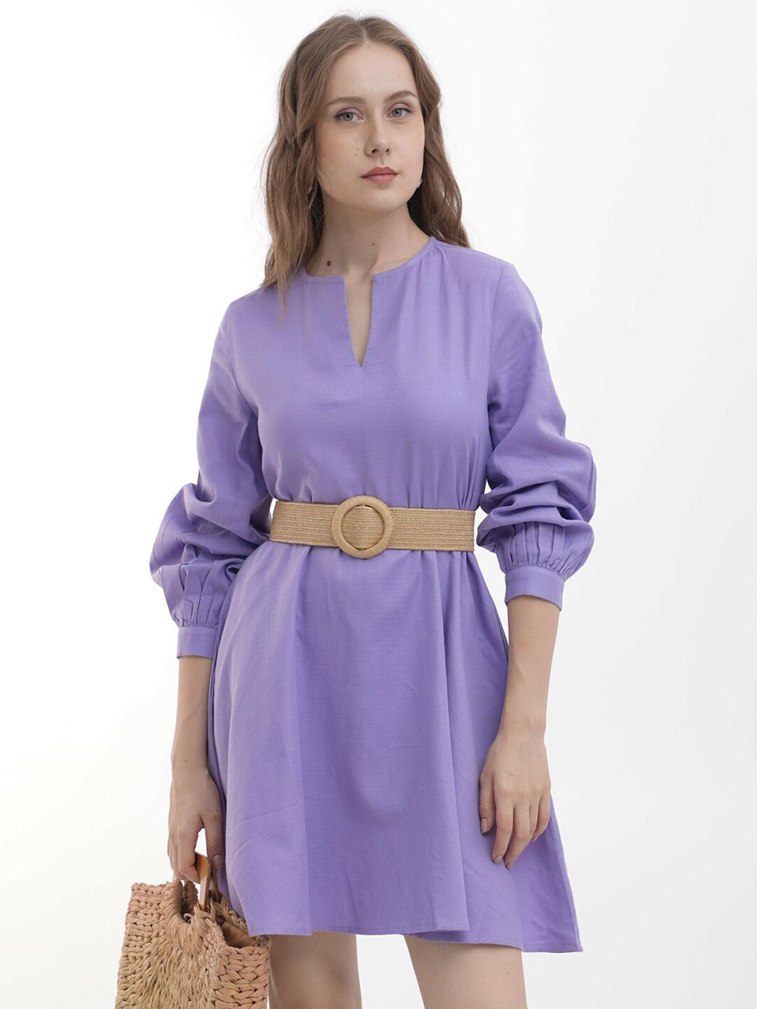RAREISM Puff Sleeve Fit & Flare Mini Dress Comes with a belt