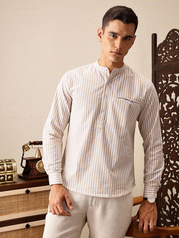 House of Pataudi Striped Band Collar Rozana Kurta