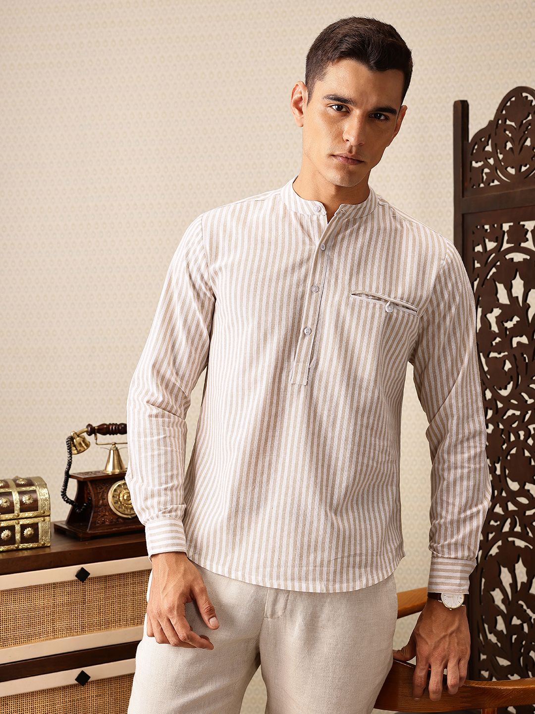 House of Pataudi Striped Band Collar Rozana Kurta