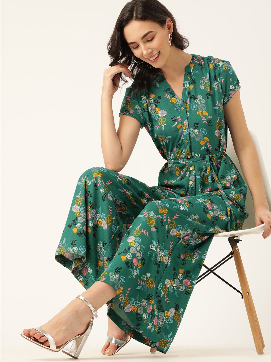 DressBerry Women Green & Pink Printed Basic Jumpsuit with Belt