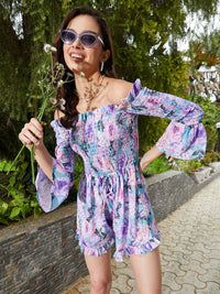 SASSAFRAS Off-Shoulder Floral Printed Bell Sleeves Smocked Playsuit