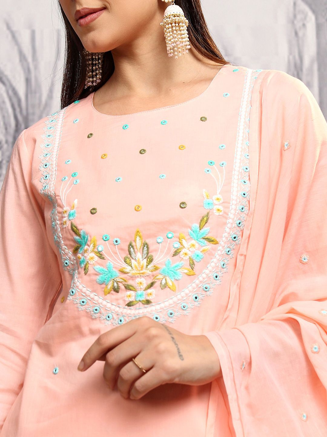 Vishudh Women Embroidered Thread Work Pure Cotton Kurta with Trousers & With Dupatta