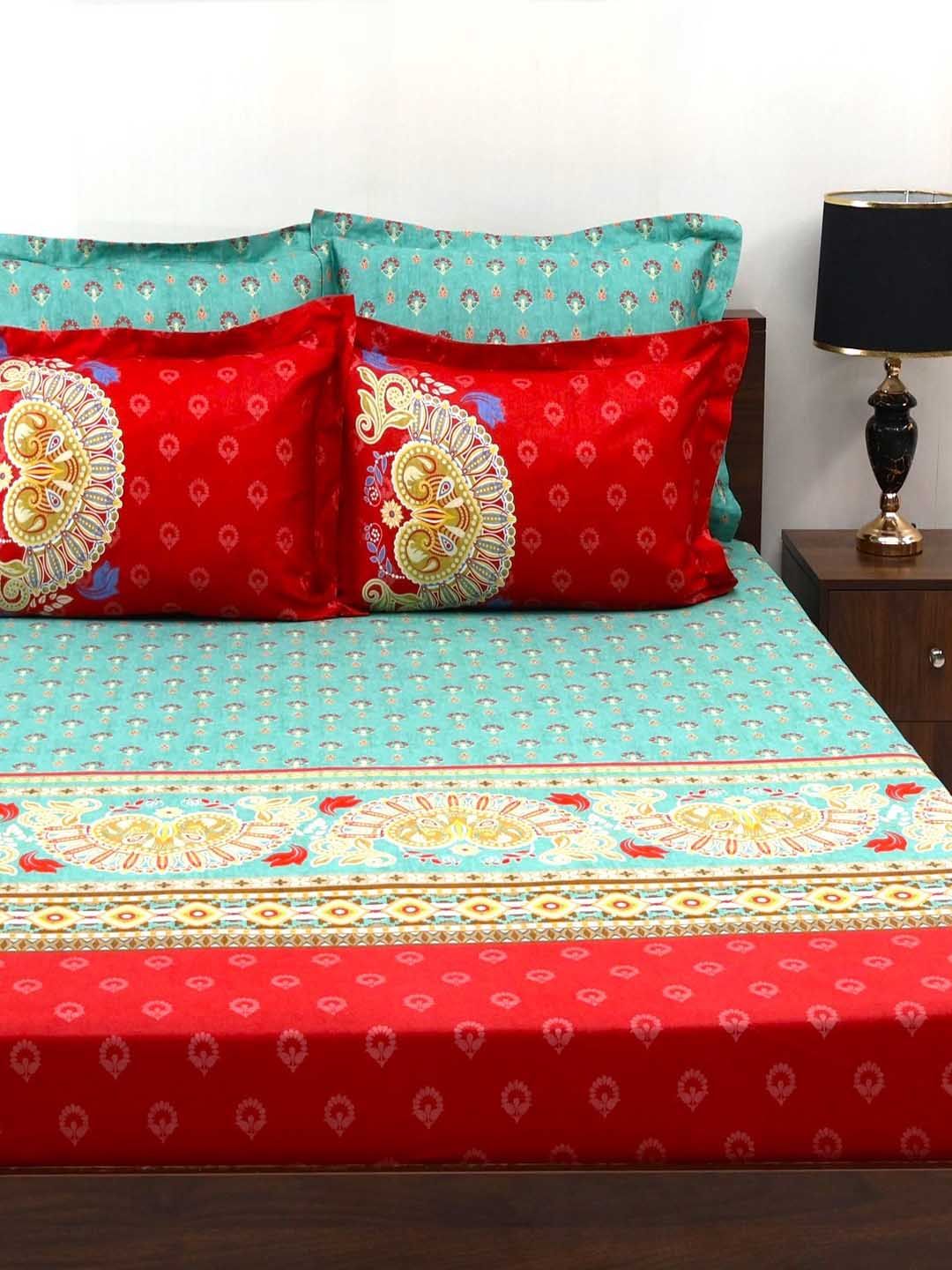 BOMBAY DYEING Celebrating India Green Printed Cotton 300 TC King Bedsheet Set 2.74 x 2.74m