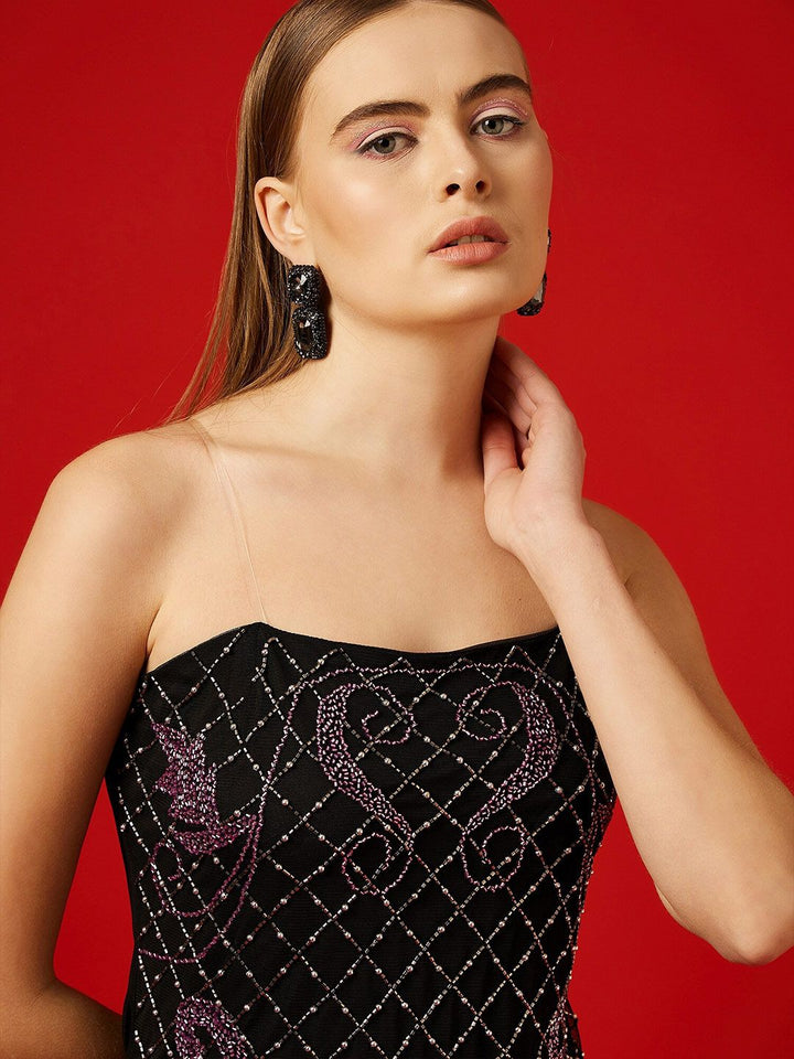 STREET 9 Embellished Shoulder Straps Fringed Net Sheath Mini Dress