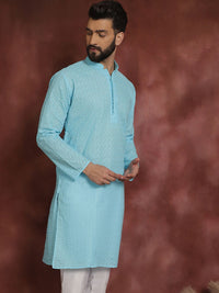 SOJANYA Kurta Lurus Bersulam Biru Lelaki