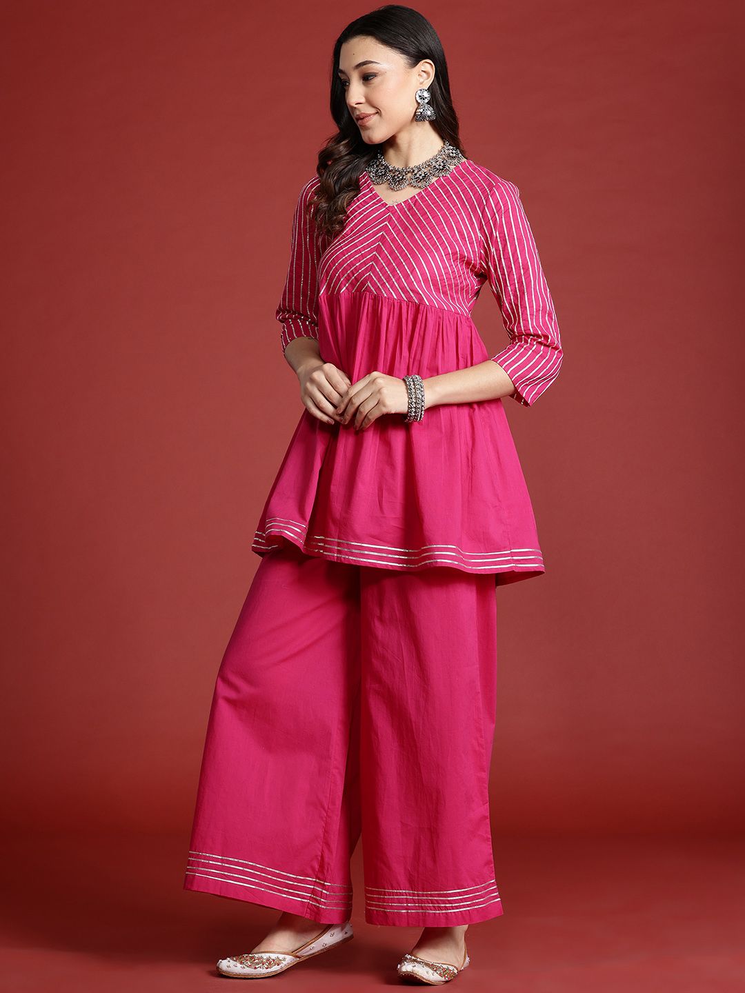 Anouk Tyohar Collection Pleated Gotta Patti Pure Cotton Kurti with Palazzos & With Dupatta