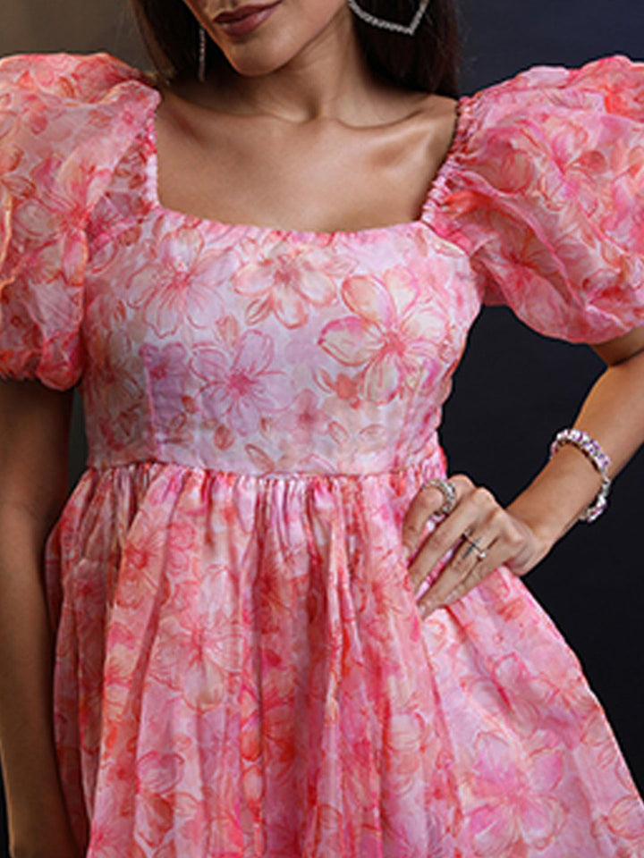 Tokyo Talkies Floral Printed Puff Sleeves Gathered Detail Fit & Flare Dress