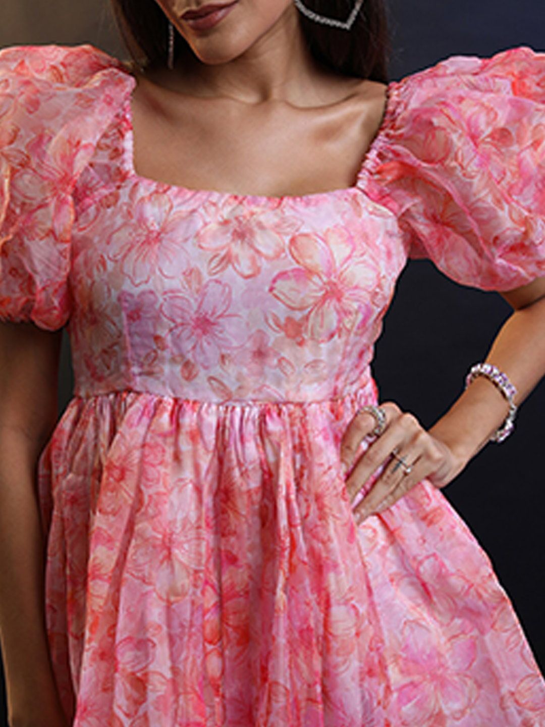 Tokyo Talkies Floral Printed Puff Sleeves Gathered Detail Fit & Flare Dress