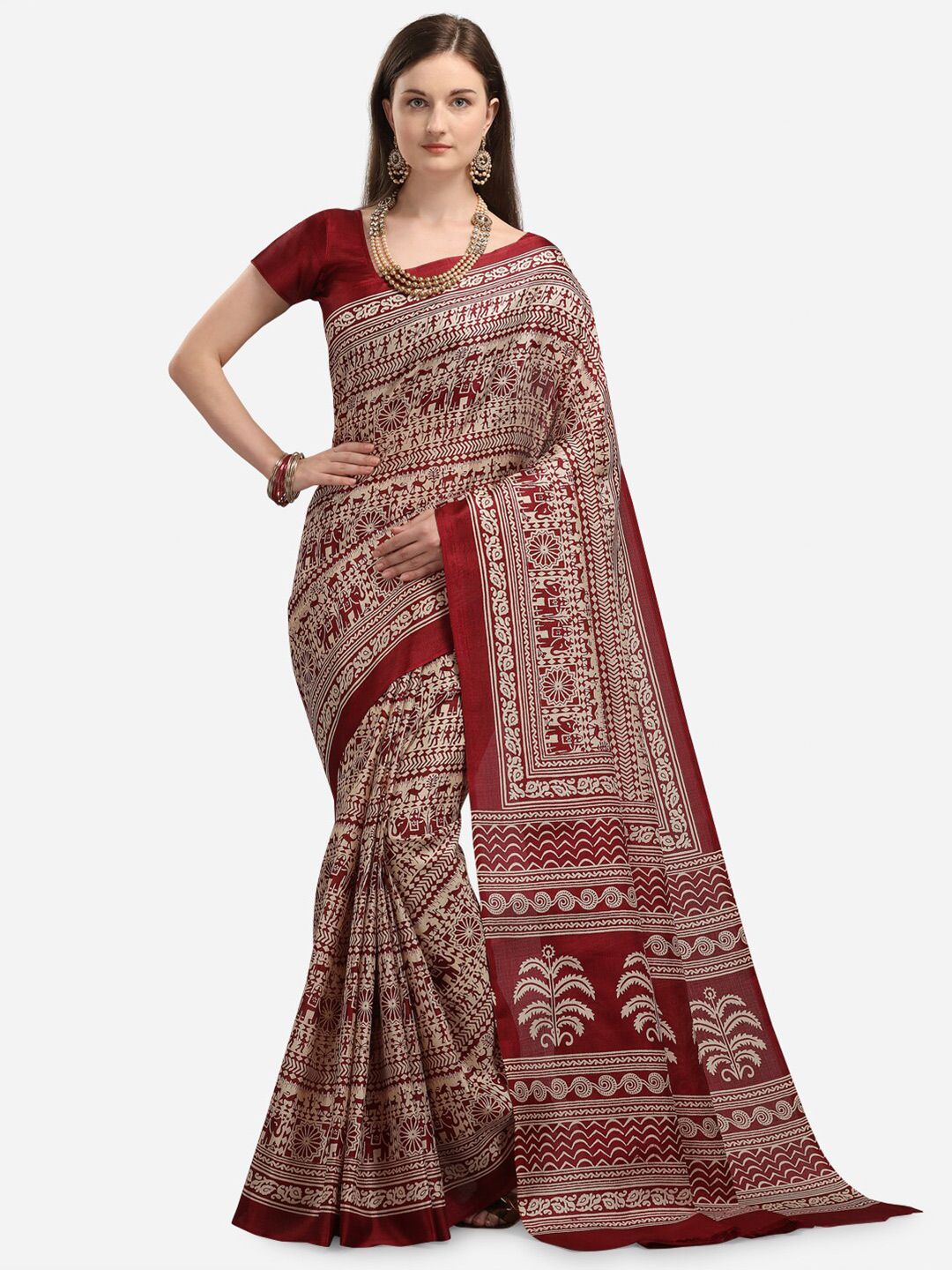 KALINI Maroon & Cream-Coloured Khadi Silk Kalamkari Saree