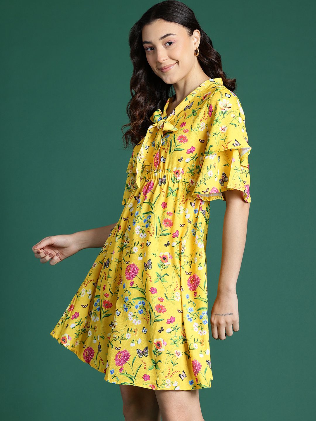 DressBerry Printed Tie-Up Neck Flared Sleeve Mini Dress