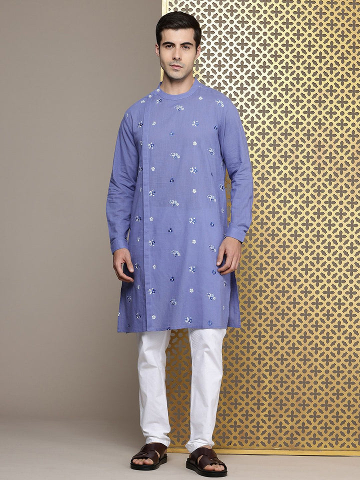House of Pataudi Floral Embroidered Band Collar Pure Cotton Jashn Kurta