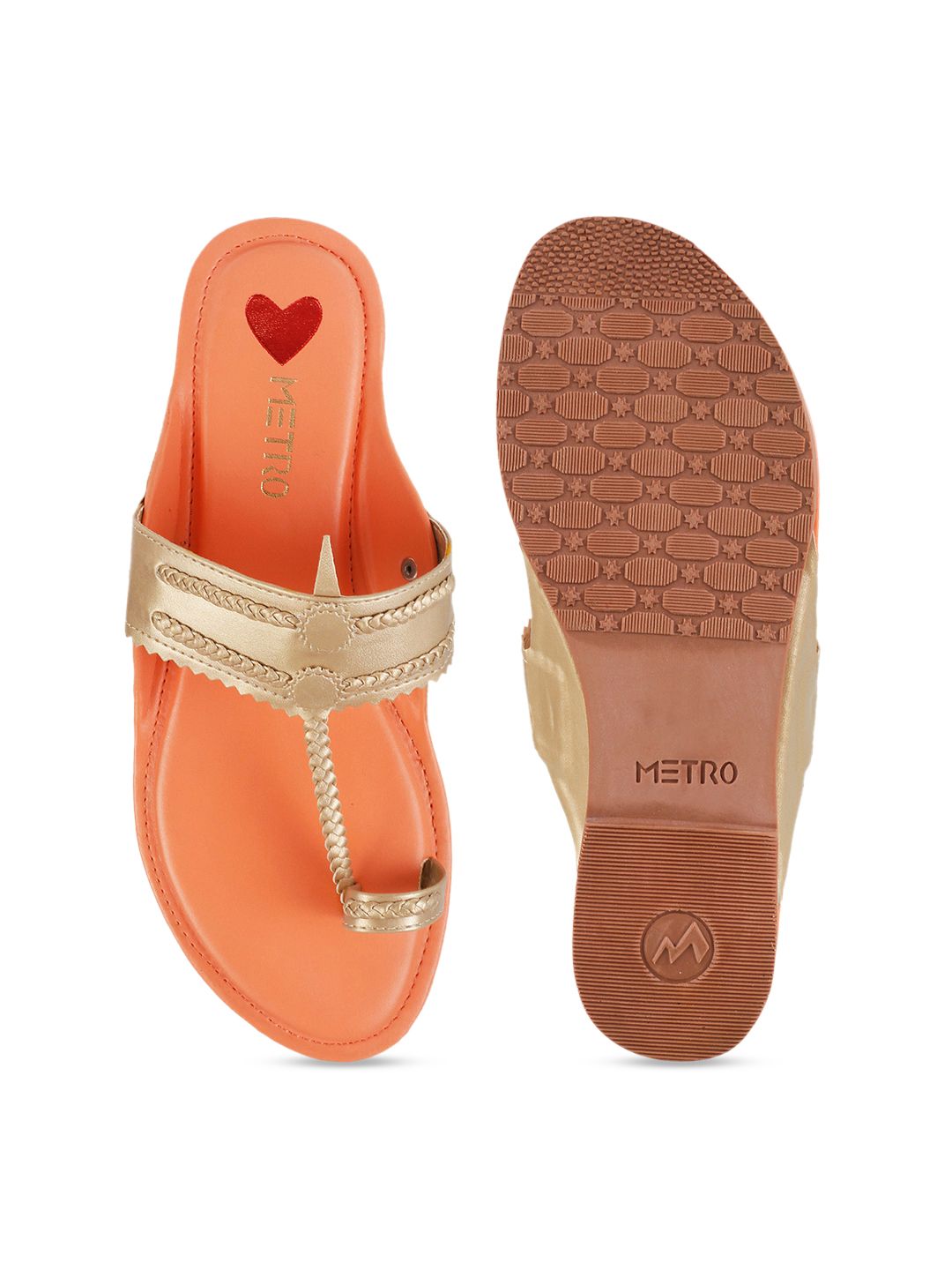 Metro Women Gold-Toned Textured T-Strap Flats