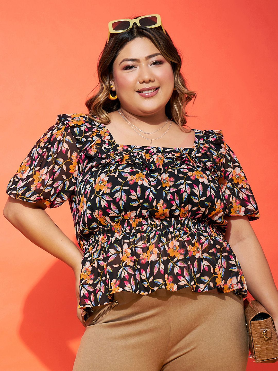 SASSAFRAS Curve Black Floral Print Puff Sleeve Georgette Cinched Waist Top