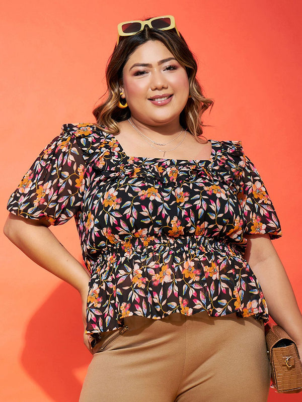 SASSAFRAS Curve Black Floral Print Puff Sleeve Georgette Cinched Waist Top