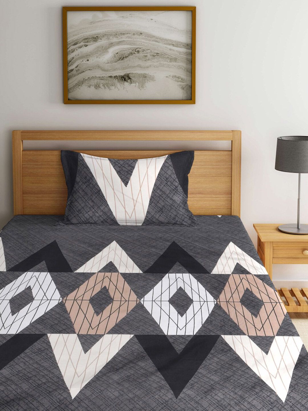 KLOTTHE Grey Geometric Polycotton 300 TC Dipasang Cadar Bujang Halus dengan Sarung Bantal-59 x 89 inci