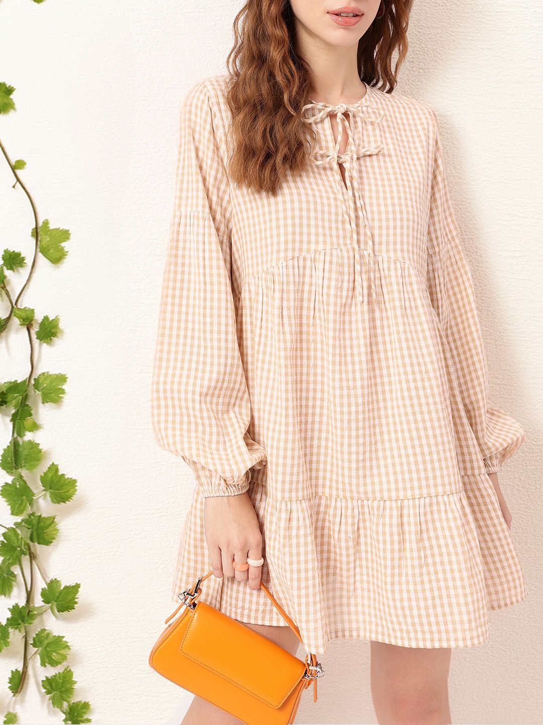 DressBerry Preppy Chic Checked Tie-Up Neck A-line Mini Dress